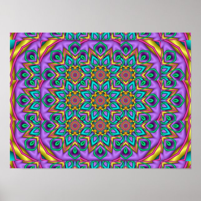 Poster Mandarim Fractal Mandala de Pavão Roxo (Frente)