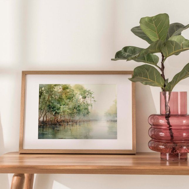 Poster Mangrove Marvel: Aquarela de Mangroves Vibrantes (Watercolor print depicting the vibrant beauty of coastal mangroves, where lush greenery meets water.)
