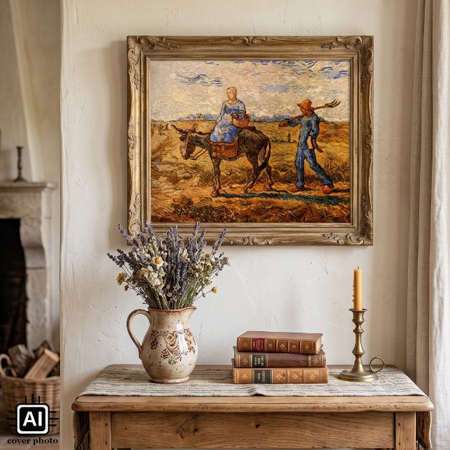 Poster Manhã, Casal de Camponeses por Vincent van Gogh (Morning: Peasant Couple Going to Work (after Millet) by Vincent van Gogh is post impressionism art.)