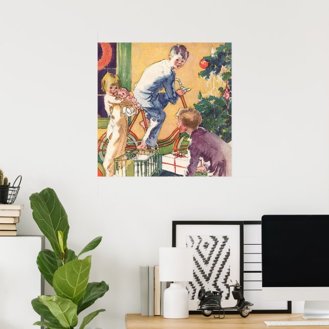 Póster Manhã de Natal Vintage, Crianças com Presentes (Escritório em casa)