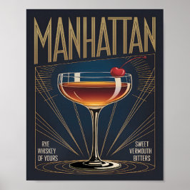Poster Manhattan Cocktail Art Deco Navy Blue Bar