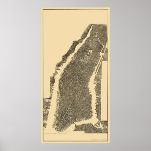 Póster Manhattan, mapa panorâmico de NY - 1900