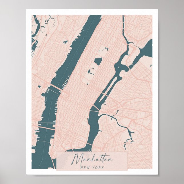 Poster Manhattan Nova York - Árvore de Script Rosa e Azul (Frente)