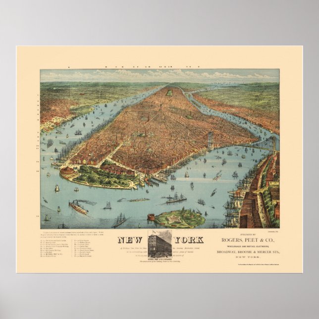 Póster Manhattan, NY Panorâmica Map - 1879 (Frente)
