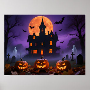 Poster Mansão Gótica Assustadora com Fantasmas e Cemitéri