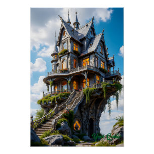 Póster Mansão Gótica Majestosa na Borda do Penhasco