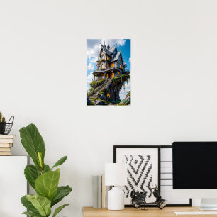 Poster Mansão Gótica Majestosa na Margem do Penhasco