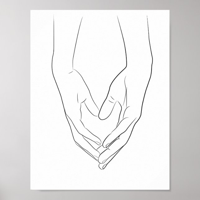 Poster Mantendo Mãos Coração Mínima Arte em Linha Simples (Frente)