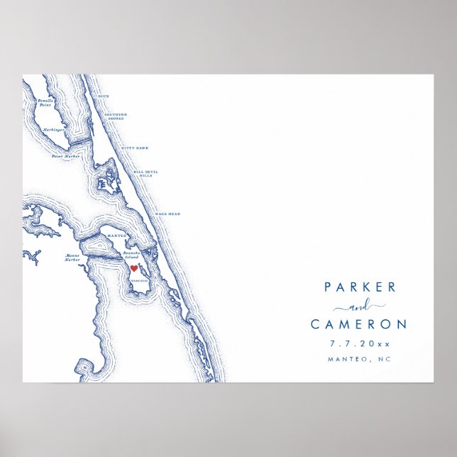 Poster Manteo NC Weding Map Marinho Blue Guest Book Poste (Frente)