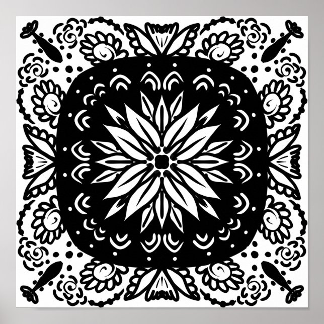 Poster Manuscrito Mandala Doodle Art Black White (Frente)