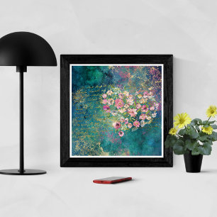 Poster Manuscrito Romântico Dourado de Coração Floral