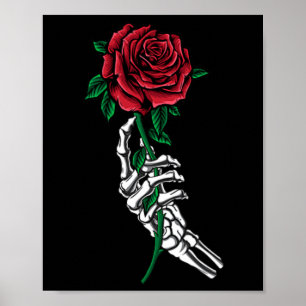 Poster Mão De Esqueleto Segurando Um Bolso De Rosa vermel