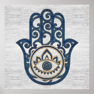 Poster Mão de Hamsa - mão da madeira do azul de Fatima