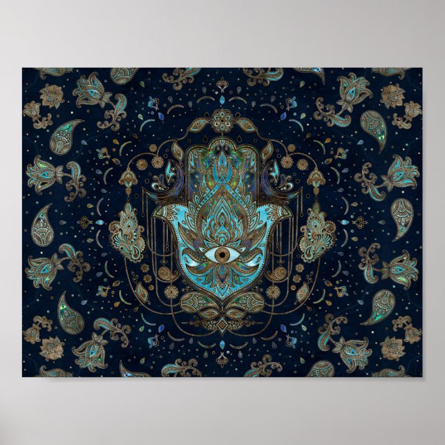 Poster Mão de Hamsa - Mão de Fátima Azul Gemstones (Frente)