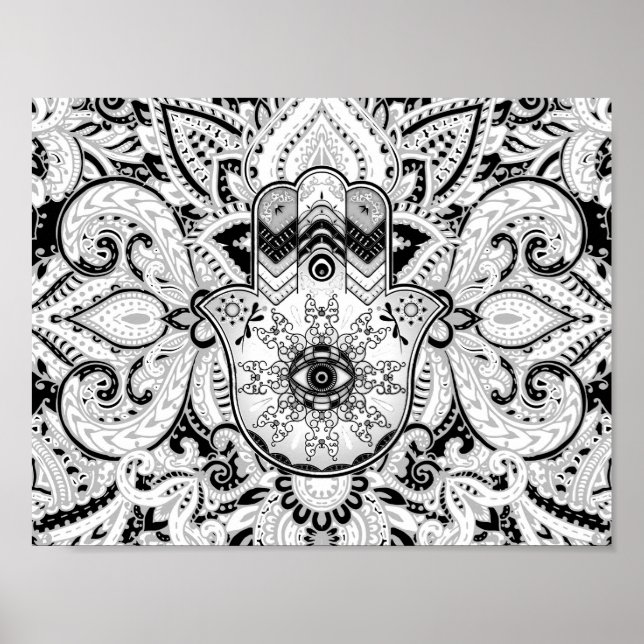 Poster Mão de Hamsa - Mão de Fátima em tons de cinza (Frente)