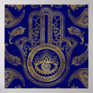Poster Mão de Hamsa - ouro no lazuli de lapis
