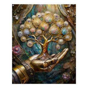 Póster Mão de Robô Dourada Segurando a Árvore Dourada da