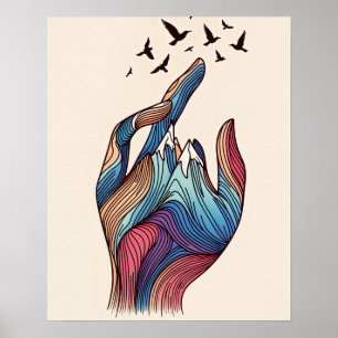 Poster Mão para Horizonte - Pássaros Soam de Picos Dedos
