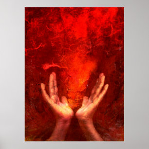 Póster Mãos curas com energia vermelha flamejante Reiki
