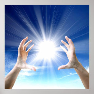 Póster Mãos curas no fundo azul, reiki, chakra