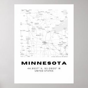 Poster Map Art minimalista de Minnesota - Preto e Branco