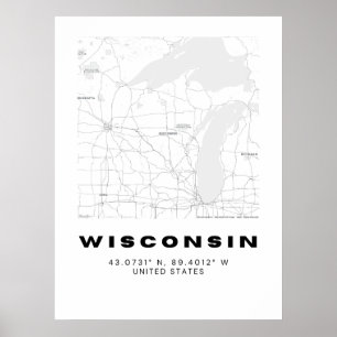 Poster Map Art Minimalista de Wisconsin - Preto e Branco