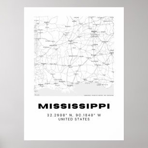 Poster Map Art Minimalista do Mississippi - Preto e Branc