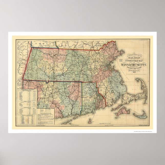 Poster Map de Ferrovia de Massachusetts 1879 (Frente)