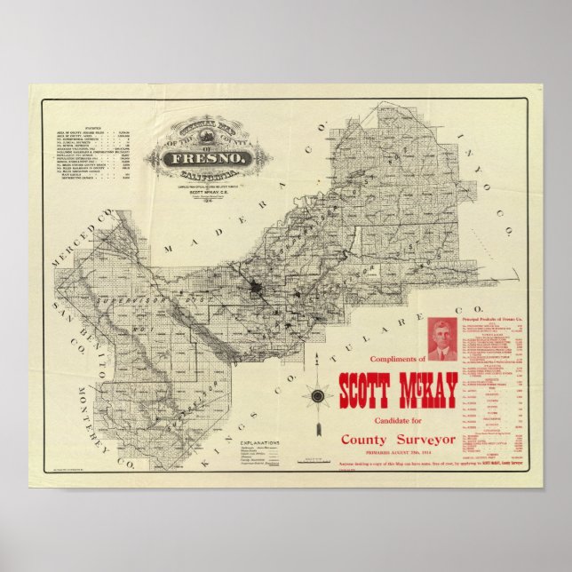 Poster Map Fresno County, Califórnia (Frente)