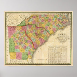 Póster Map Of North and South Carolina And Georgia