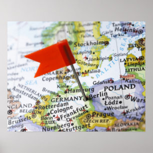 Poster Map pin placed in Berlin, Germany on map,