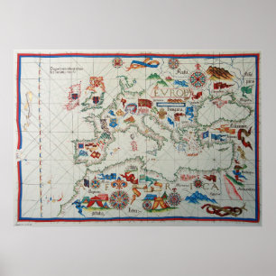 Póster Mapa 1563 do renascimento Europa