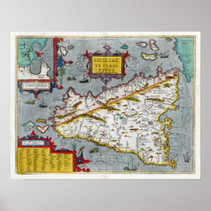Póster Mapa 1592 do renascimento de Sicília