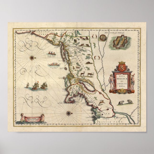 Póster Mapa 1640 "Nova Belgica Et Anglia Nova" (Frente)