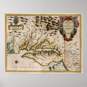 Poster Mapa 1676 de Virgínia e de Maryland