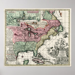 Póster Mapa 1720 das colônias de America do Norte