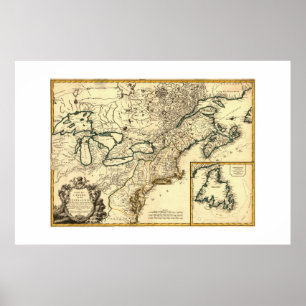 Póster Mapa 1778 de Canadá e dos Estados Unidos
