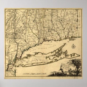Poster Mapa 1780 de Connecticut e de Long Island, NY