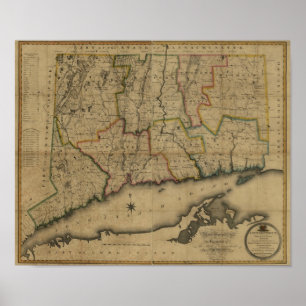 Poster Mapa 1813 de Connecticut do vintage