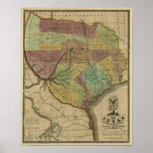 Póster Mapa 1837 de Texas com partes dos estados
