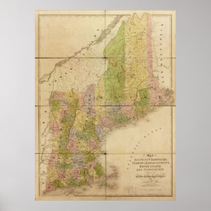 Póster Mapa 1839 de estados de Maine & de Nova Inglaterra