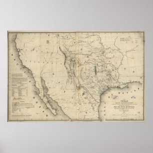 Póster Mapa 1844 da república de Texas & de países