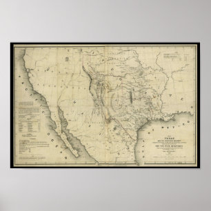 Póster Mapa 1844 de Texas e os países adjacentes