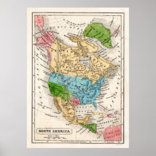 Póster Mapa 1846 de America do Norte com república de