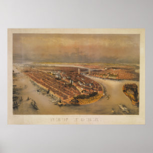 Póster Mapa 1847 da opinião de olho de pássaro da Nova
