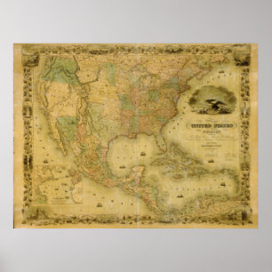 Póster Mapa 1849 dos Estados Unidos
