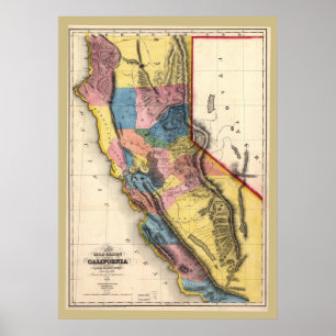 Póster Mapa 1851 Dourado de Califórnia muito colorido!