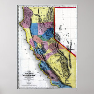 Póster Mapa 1851 velho de Califórnia