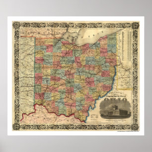 Poster Mapa 1854 da estrada de ferro de Ohio