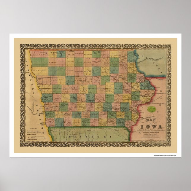 Poster Mapa 1855 dos Caminhos de Ferro de Iowa (Frente)